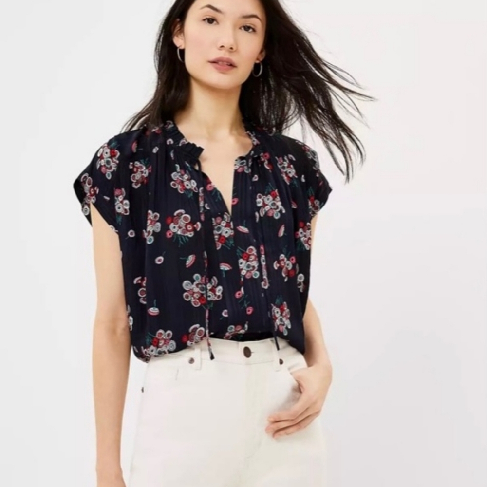 LOFT navy floral split neck tie neck blouse